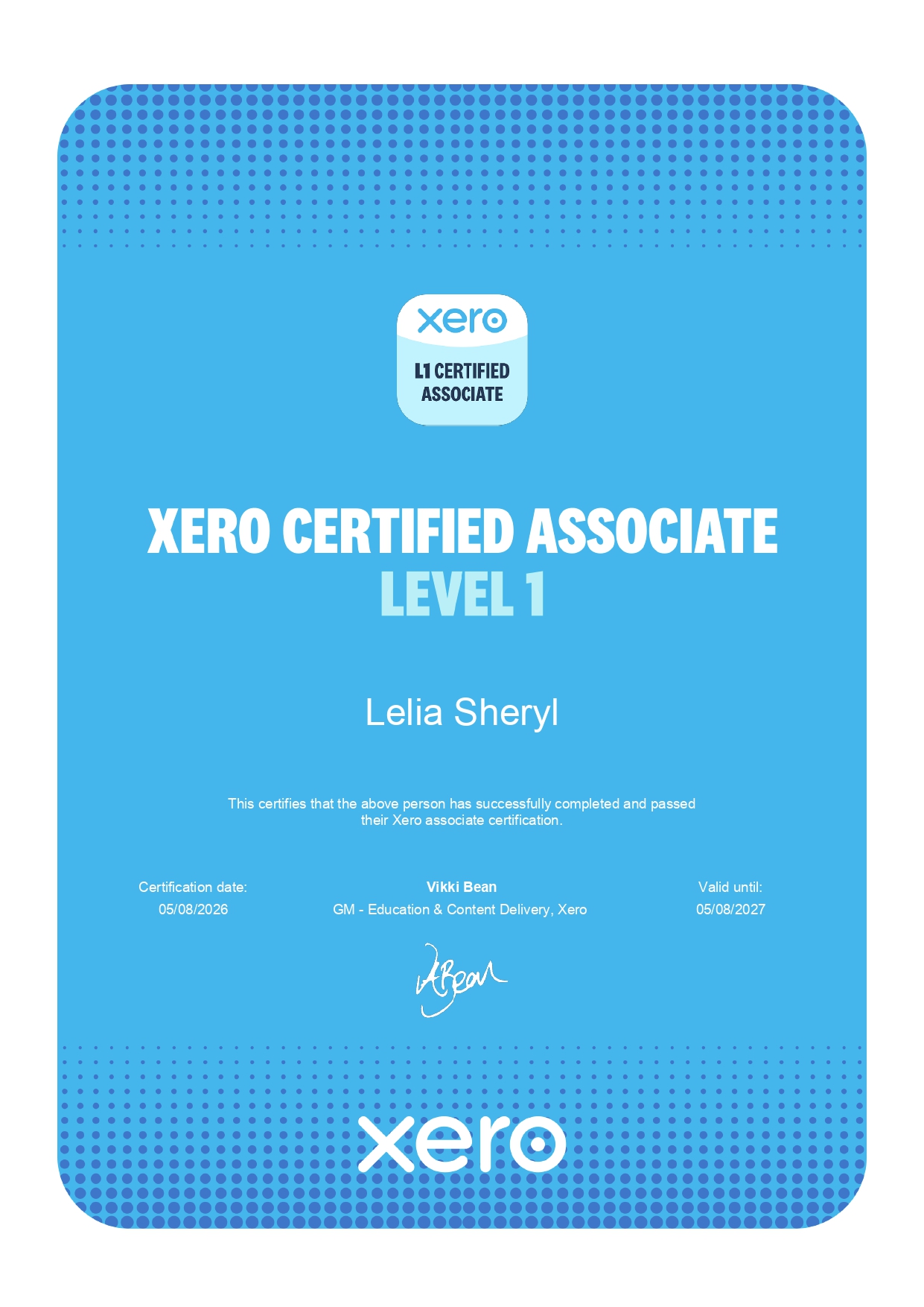 Xero Certified Associate Level 1 certificate earned by Sheryl Lelia