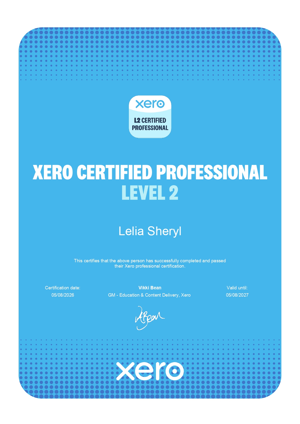 Xero Certified Professional Level 2 certificate earned by Sheryl Lelia