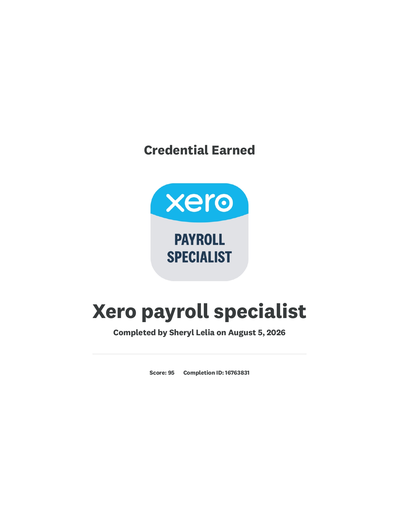 Xero Payroll Specialist credential earned by Sheryl Lelia