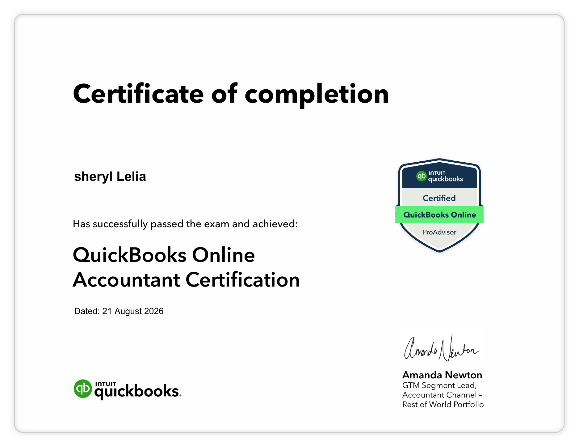 QuickBooks Online Accountant Certification earned by Sheryl Lelia