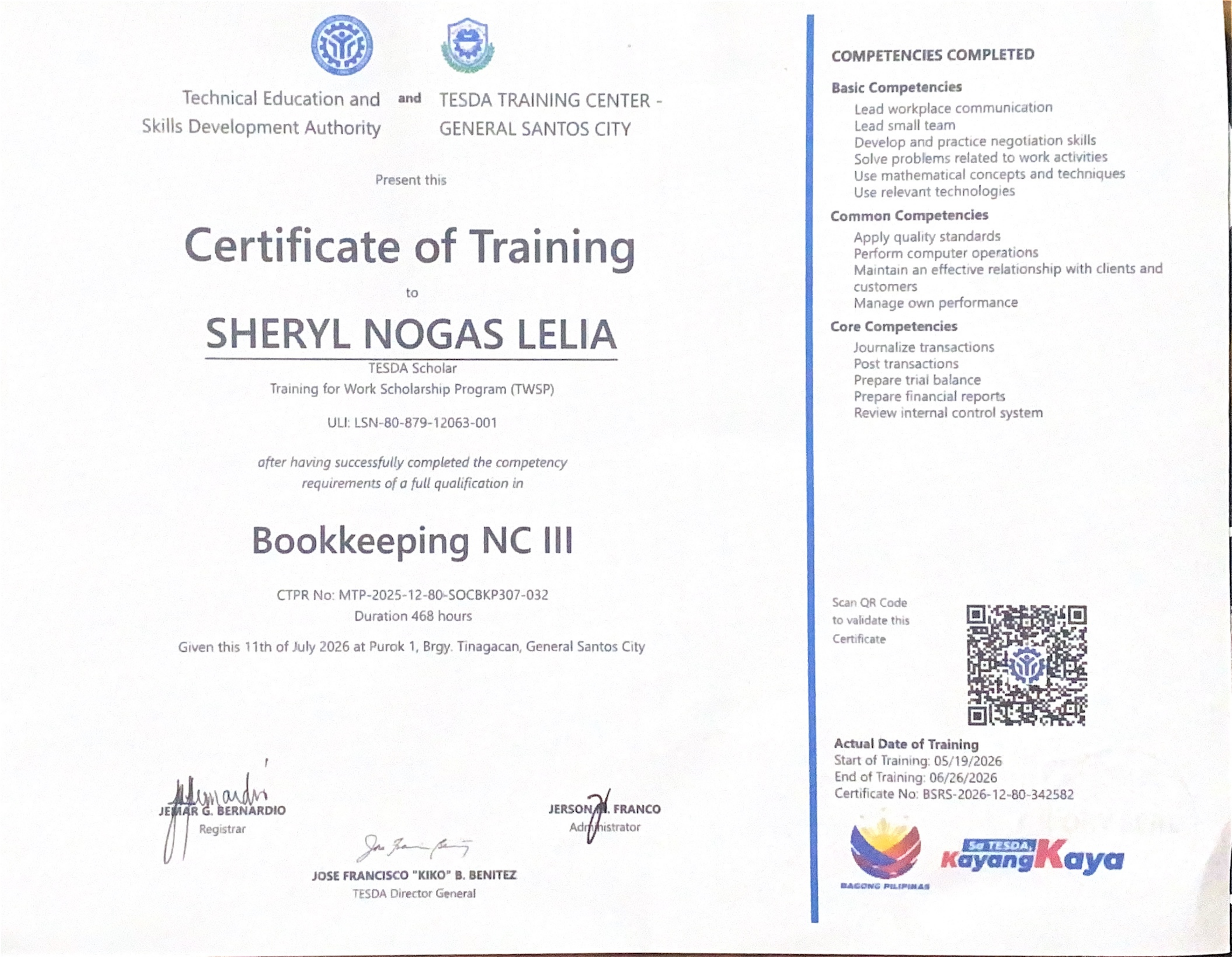 TESDA Bookkeeping NC III certificate of training